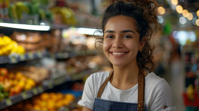 Portrait of a supermarket clerk offering assistance with a friendly smile, supermarket clerk