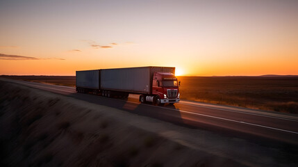 A Container Truck's expedition on a highway beneath the hues of a sunset and against a serene blue sky mirrors the logistics import-export and cargo transportation industry concept.
