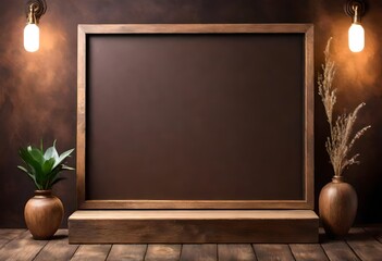 Rustic wood podium display for food, perfume, jewellery and cosmetic products on dark brown background. Front view