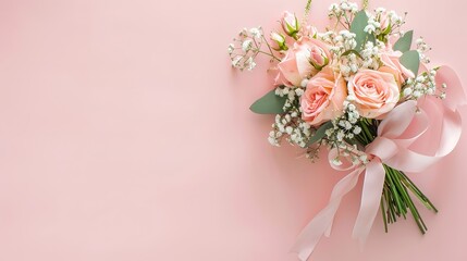 wedding or mothers day background, bouquet over plain pink background with copy space on blank cardgenerative ai,