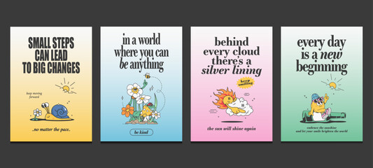 retro posters with cute cartoon mascot characters and positive quotes, vector illustration