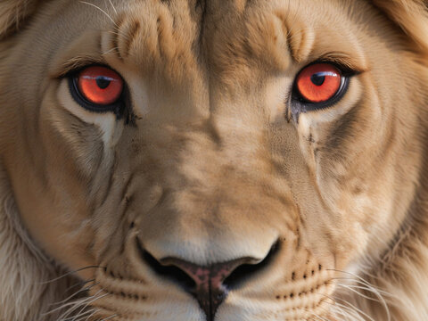A lion with red eyes stares intently into the distance. ai generative