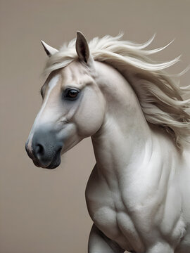 A white horse with a black face and a light blonde mane. ai generative
