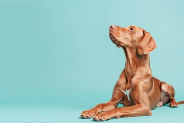 An attentive Hungarian Vizsla sits gracefully against a blue backdrop, exuding elegance and curiosity.