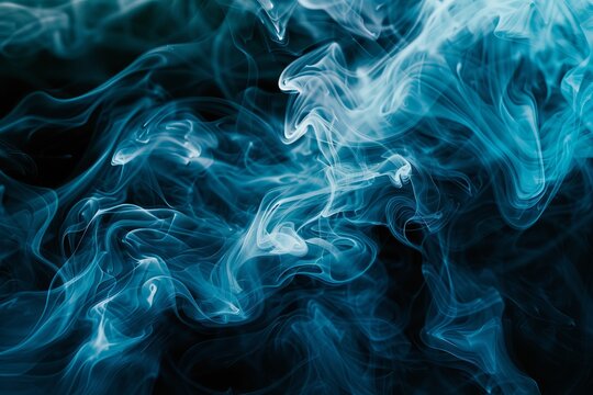 An image of bluish white smoke on a black background. Cold steam in the dark. Suitable for background and backdrop, AI Generated