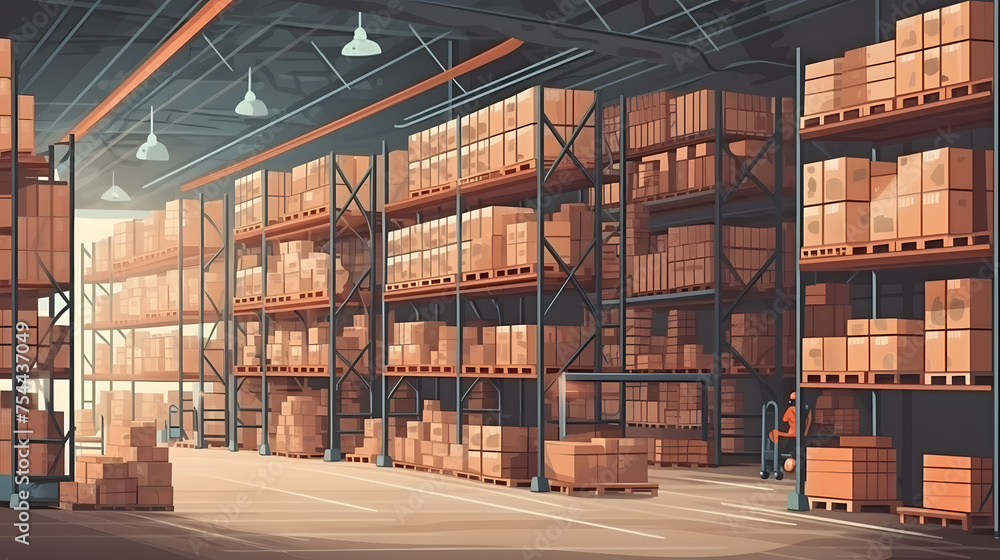 Poster a large warehouse with numerous items. rows of shelves with boxes. logistics. inventory control