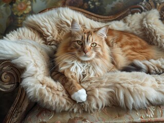 Cat on Sheepskin Sofa in Winter