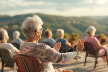 of elderly people practicing chair yoga on a sunlit terrace overlooking rolling hills. Generative AI