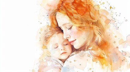 Watercolor illustration of young mother with baby in her arms. Mom hugs her newborn with care and love