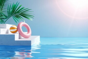 3d scene design for summer product display. Concrete stair podium with swimming ring and beach ball beside water. Concept of island beach or swimming pool. generative ai.