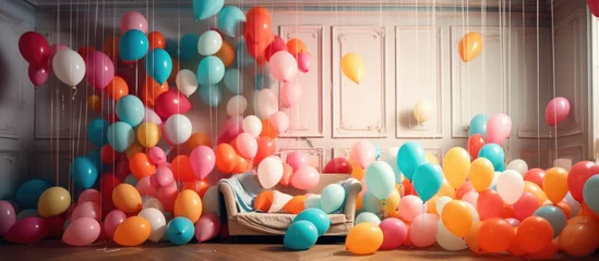 Badezimmer Foto Rückwand Numerous colorful balloons filling a room, floating in the air and creating a lively atmosphere. © Vusal