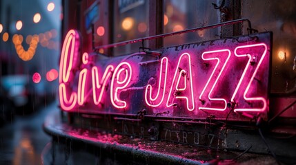 Nightclub neon live jazz sign in the city center. - obrazy, fototapety, plakaty