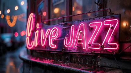 Fotobehang Retro compositie Nightclub neon live jazz sign in the city center.