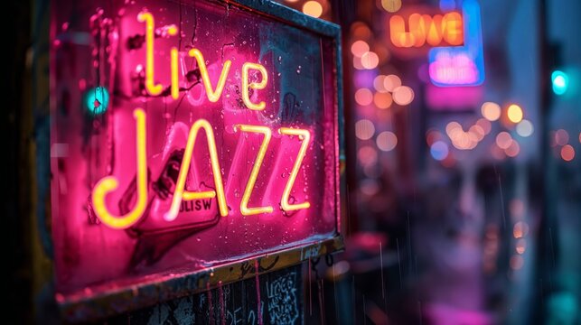 Nightclub neon live jazz sign in the city center.