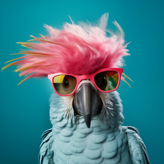 funny parrot with pink hair and sunglasses on blue background