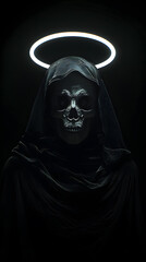 Grim reaper in the dark with white neon light. Scary or creepy concept