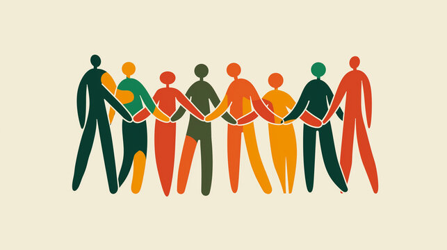 Colorful silhouettes of people holding hands in unity.