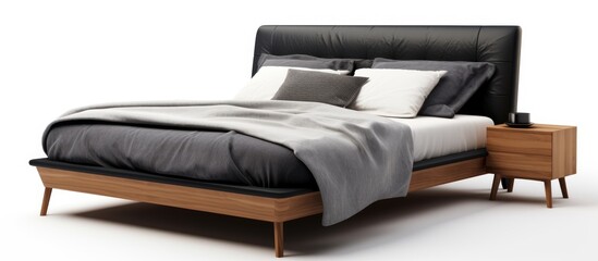 A sleek modern bed featuring a black leather headboard stands against a white background, accompanied by a matching nightstand. The design exudes sophistication and elegance.