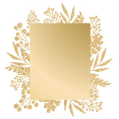 Gold round frame made of gold branches on a white transparent background and design Leaves, branches. Greeting Cards, Posters, Banners. 03