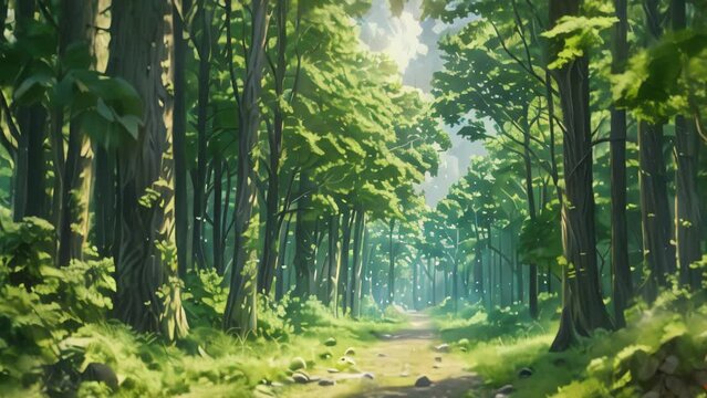 a road in the middle of the forest. cartoon and anime style	