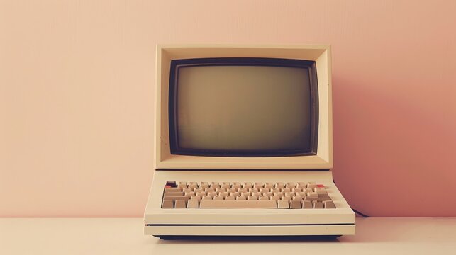 photo of a retro computer, light cream color, office background 