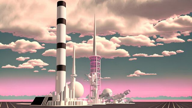 Retrofuturistic landscape in 80s sci-fi style. Retro science fiction scene with futuristic buildings