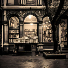 A black and white photo of an old bookstore.