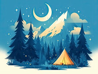Fototapeta premium Illustration of a tent in front of a forest and mountain landscape, with a starry night sky