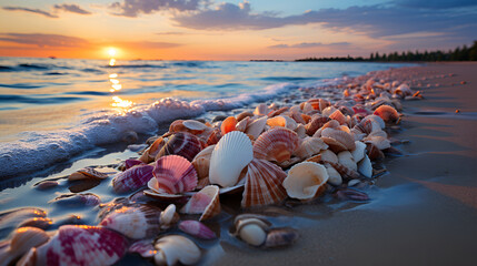 A tranquil beach at sunrise, with soft waves gently lapping the shore, golden sunlight kissing the sand, and seashells scattered along the waterline, creating a serene coastal vista - obrazy, fototapety, plakaty