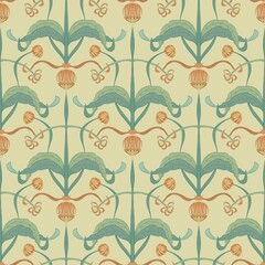 Seamless pattern in art nouveau style with leaves, bent stems, berries and flowers on a yellow background. Suitable for interior, wallpaper, fabrics, clothing, stationery.