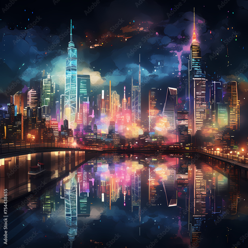 Canvas Prints A city skyline at night with colorful lights.