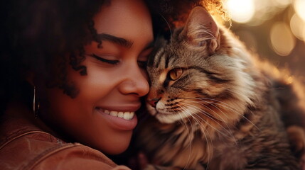 Hugging her beloved pet with a heartwarming smile, feeling the unconditional love between them, happy woman