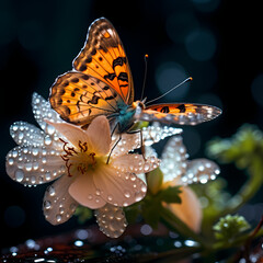 A close-up of a butterfly on a dew-covered flower.