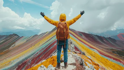Fototapete Vinicunca a man tourist is standing with both hands raised After successfully conquering the peak , on top of a mountain,Vinicunca Rainbow Mountain,generative ai