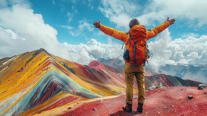 a man tourist is standing with both hands raised After successfully conquering the peak , on top of a mountain,Vinicunca Rainbow Mountain,generative ai