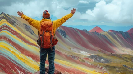 Velours gordijnen Vinicunca a man tourist is standing with both hands raised After successfully conquering the peak , on top of a mountain,Vinicunca Rainbow Mountain,generative ai