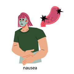 Sick woman experiencing nausea and suspect food poisoning, flat vector illustration isolated on white. Nausea vomiting symptom.