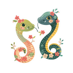 Obraz premium Cute simple illustration of couple of Chinese oriental Snake zodiac sign in cartoon style. Colorful floral pattern skin. Isolated design element for Chinese New Year 2025