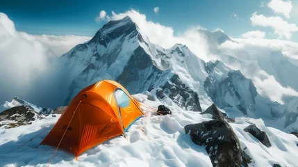 Fotobehang Mountaineer by a striking orange tent atop a snowy peak. Generative ai © Scrudje