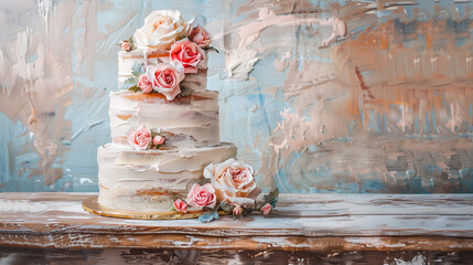 Beautiful art of wedding cake, heart and roses on wooden background