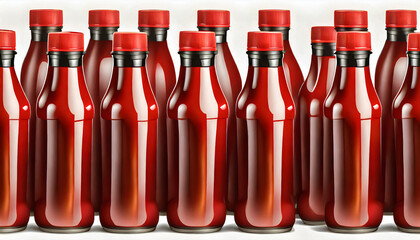 eine Reihe von Flaschen mit Ketchup warten auf weitere Verarbeitung.