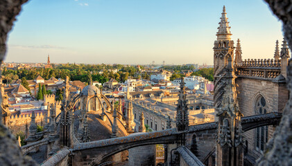Aerial view from the top of Seville Cathedral, Spain. Seville Cathedral is the largest Gothic cathedral and the third-largest church in the world.