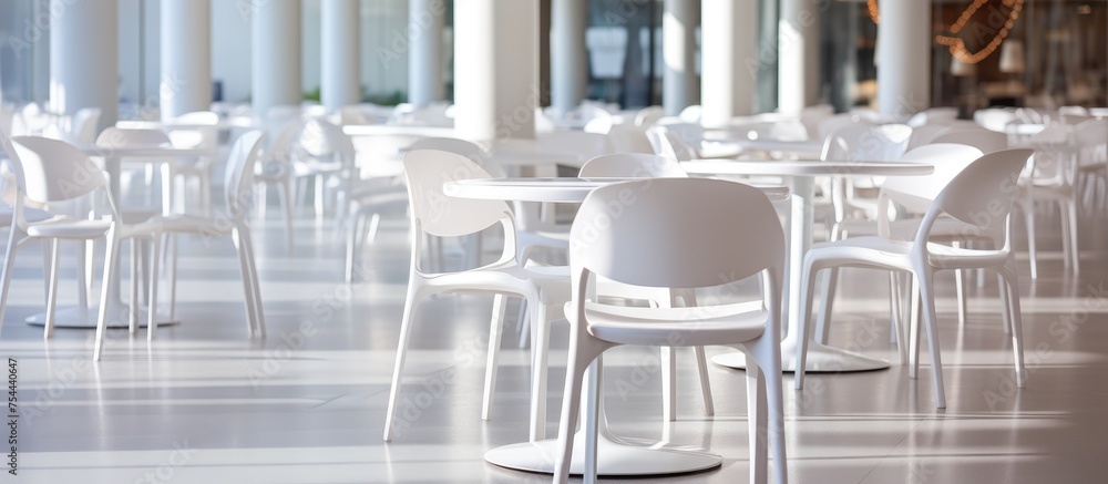 Poster a row of white chairs is neatly lined up next to each other in a modern cafe interior. the chairs ar