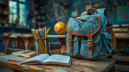 School backpack and different colored school equipment on the table in a classroom - obrazy, fototapety, plakaty