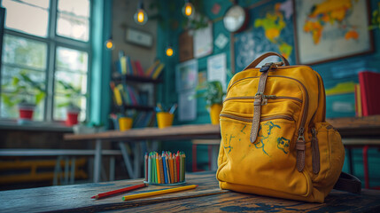 School backpack and different colored school equipment on the table in a classroom