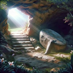 A large stone door rolled away from the entrance of an empty tomb with sunbeams and folded linen cloth