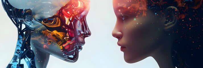 Futuristic Woman and Android Head in Vibrant Digital Art, To convey a sense of innovation and progress in the field of artificial intelligence and - obrazy, fototapety, plakaty