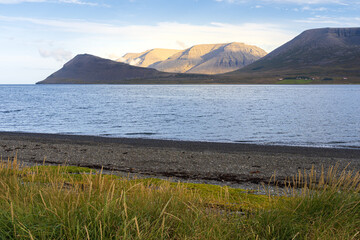 Scenic view of fjord at Þingeyri (Thingeyri) in Westfjords, Iceland, in summer
