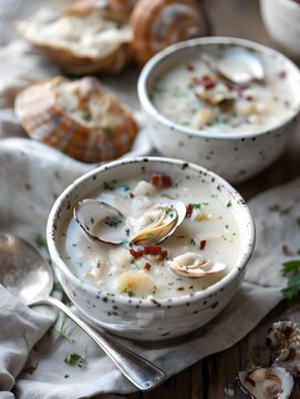 Dreamy Clam Chowder Soup with Scallops and Garlic Bread, To provide a high-quality and appetizing image of clam chowder soup with scallops and garlic