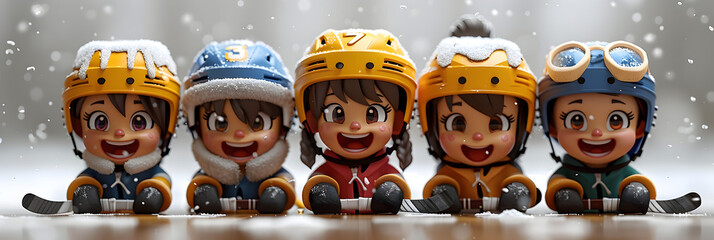 A 3D animated cartoon render of excited children in hockey gear on the ice. - obrazy, fototapety, plakaty